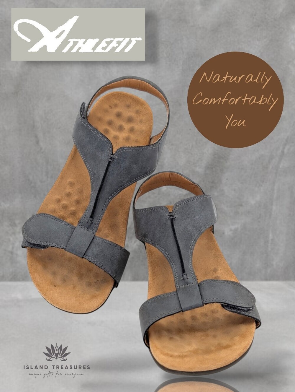 Athlefit Women's Size 9 Slate Grey Faux Leather Upper Cushioned Footbed T-Strap
